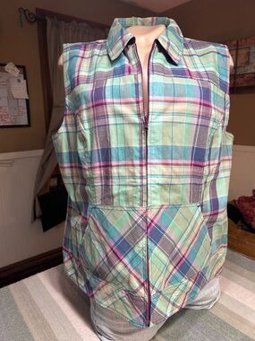 Christopher & Banks Pastel Plaid Zip-Front Vest -Reversible - cotton